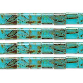 Miyuki TILA Beads 5x5mm 2 Hole TL4514V Turquoise w/Brown Picasso Opaque 5.2Gms Vial of Japanese Glass Beads