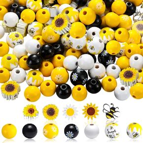Bencailor 220 Pieces Wood Beads Sunflower Daisy Wooden Beads Rustic Yellow Decorative Bead Farmhouse Colorful Painted Beads with Hole for Fall Autumn DIY Garland Making Home Tiered Craft Decor