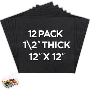 HBlife Cork Board Tiles 12"x12",1/2"Thick, 12 Pack Self-Adhesive Black Cork Boards for Walls with 50 Push Pins, Square Pin Board for Office, Home & School, as Bulletin Board, Vision Board, Photo Board