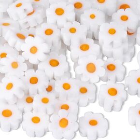 Millefiori Lampwork Glass Loose Assorted Beads Flat Flower Devil's Eye Round Spacer Bead for Bracelet Jewelry Making, White&Orange Daisy Flower Beads 8mm, 100 Pcs