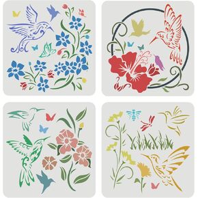 FINGERINSPIRE 4 Pcs Hummingbird Flowers Stencils 11.8x11.8inch Large Size Bird Floral Bee Dragonfly Butterfly Drawing Stencils Reusable Mylar DIY Art Craft Painting Template for Wood, Fabric