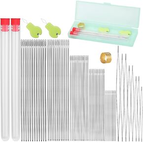 74 Pcs Beading Needles Set Include 60 Pcs Long Straight Beading Thread Needles + 8 Pcs Big Eye Beading Needles, Embroidery Needles with Needle Bottle, Thimble, Needle Threaders for Jewelry Making