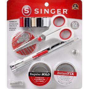 SINGER Storage Pouch – 92 Piece Hem Tape, Seam Ripper, Scissors, & Marking Pencil Sewing Kit, White