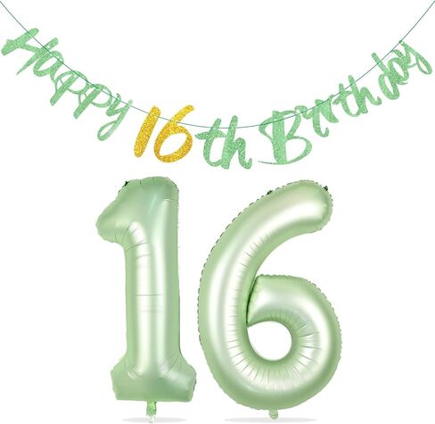 Sage Green Happy 16th Birthday Banner - Sage Green Number 16 Foil Balloons, Sweet 16 Birthday Decorations Glitter Birthday Garland for Girls Boys Sage Green Birthday Supplies in Saudi Arabia