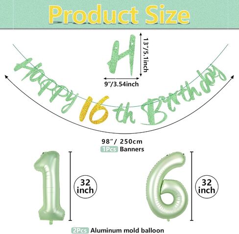 Sage Green Happy 16th Birthday Banner - Sage Green Number 16 Foil Balloons, Sweet 16 Birthday Decorations Glitter Birthday Garland for Girls Boys Sage Green Birthday Supplies in Saudi Arabia