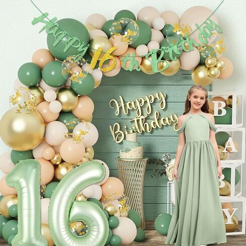 Sage Green Happy 16th Birthday Banner - Sage Green Number 16 Foil Balloons, Sweet 16 Birthday Decorations Glitter Birthday Garland for Girls Boys Sage Green Birthday Supplies in Saudi Arabia