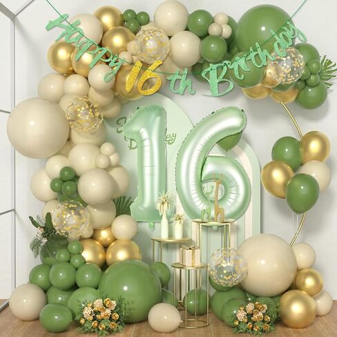 Sage Green Happy 16th Birthday Banner - Sage Green Number 16 Foil Balloons, Sweet 16 Birthday Decorations Glitter Birthday Garland for Girls Boys Sage Green Birthday Supplies in Saudi Arabia