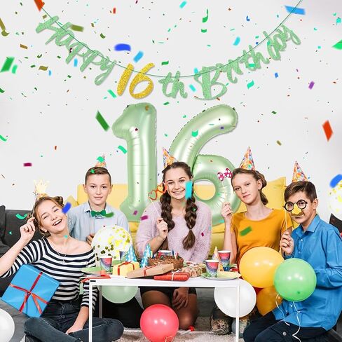 Sage Green Happy 16th Birthday Banner - Sage Green Number 16 Foil Balloons, Sweet 16 Birthday Decorations Glitter Birthday Garland for Girls Boys Sage Green Birthday Supplies in Saudi Arabia