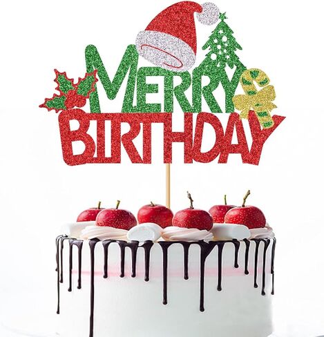 Merry Birthday Cake Topper,New Year Christmas Holiday Party Supplies,Red & Green Glitter Christmas Cake Decorations，Winter Holiday Cake Picks-Christmas Birthday Party Supplies(Birthday 2) in Saudi Arabia