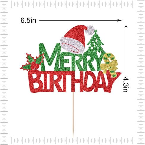 Merry Birthday Cake Topper,New Year Christmas Holiday Party Supplies,Red & Green Glitter Christmas Cake Decorations，Winter Holiday Cake Picks-Christmas Birthday Party Supplies(Birthday 2) in Saudi Arabia