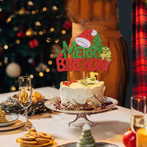 Merry Birthday Cake Topper,New Year Christmas Holiday Party Supplies,Red & Green Glitter Christmas Cake Decorations，Winter Holiday Cake Picks-Christmas Birthday Party Supplies(Birthday 2) in Saudi Arabia