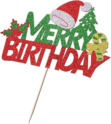 Merry Birthday Cake Topper,New Year Christmas Holiday Party Supplies,Red & Green Glitter Christmas Cake Decorations，Winter Holiday Cake Picks-Christmas Birthday Party Supplies(Birthday 2) in Saudi Arabia