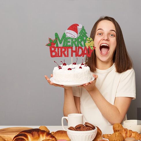 Merry Birthday Cake Topper,New Year Christmas Holiday Party Supplies,Red & Green Glitter Christmas Cake Decorations，Winter Holiday Cake Picks-Christmas Birthday Party Supplies(Birthday 2) in Saudi Arabia