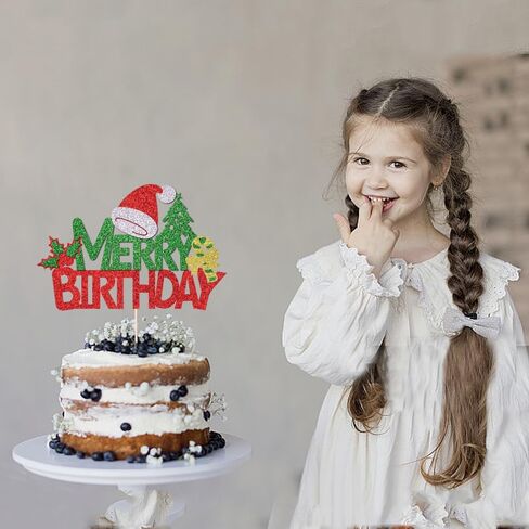 Merry Birthday Cake Topper,New Year Christmas Holiday Party Supplies,Red & Green Glitter Christmas Cake Decorations，Winter Holiday Cake Picks-Christmas Birthday Party Supplies(Birthday 2) in Saudi Arabia