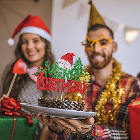 Merry Birthday Cake Topper,New Year Christmas Holiday Party Supplies,Red & Green Glitter Christmas Cake Decorations，Winter Holiday Cake Picks-Christmas Birthday Party Supplies(Birthday 2) in Saudi Arabia