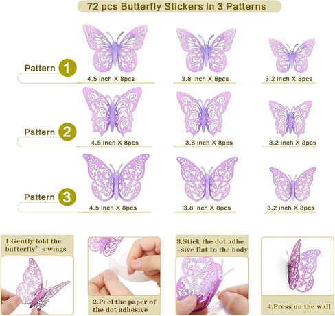 72 Pcs Butterfly Decorations, 3 Sizes 3 Styles, Wall Decor, Butterfly Party Birthday Decorations, Butterflies for Crafts, Cake Decorating, Wall Stickers Room Decor, Lavender in Kuwait