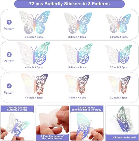 72 Pcs Butterfly Decorations, 3 Sizes 3 Styles, Wall Decor, Butterfly Party Birthday Decorations, Butterflies for Crafts, Cake Decorating, Wall Stickers Room Decor, Lavender in Kuwait