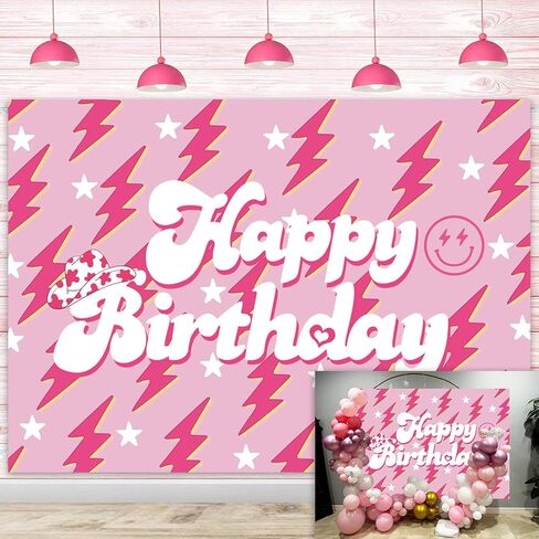 Preppy Backdrop Banner for Happy Birthday 7x5FT Lightning Bolt Hot Pink Birthday Photography Background for Girls Women Large Preppy Birthday Sign Y2k Party Decorations Supplies (2.1 x 1.5m) in Kuwait