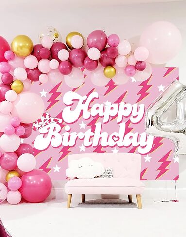 Preppy Backdrop Banner for Happy Birthday 7x5FT Lightning Bolt Hot Pink Birthday Photography Background for Girls Women Large Preppy Birthday Sign Y2k Party Decorations Supplies (2.1 x 1.5m) in Kuwait