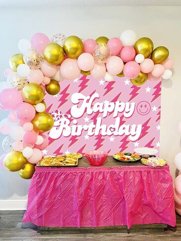 Preppy Backdrop Banner for Happy Birthday 7x5FT Lightning Bolt Hot Pink Birthday Photography Background for Girls Women Large Preppy Birthday Sign Y2k Party Decorations Supplies (2.1 x 1.5m) in Kuwait