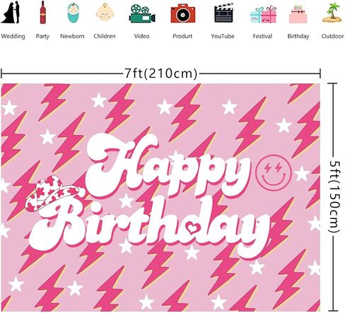 Preppy Backdrop Banner for Happy Birthday 7x5FT Lightning Bolt Hot Pink Birthday Photography Background for Girls Women Large Preppy Birthday Sign Y2k Party Decorations Supplies (2.1 x 1.5m) in Kuwait
