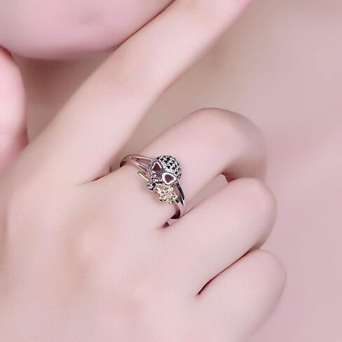 Black Gold Plated Women's Men's Antique Gothic Skull Ring Retro Oxidized Finished Round Cut Created Black Spinel Engagement Wedding Vintage Skeleton Bone Band for Mom Lover 9# in Saudi Arabia