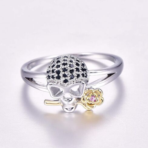 Black Gold Plated Women's Men's Antique Gothic Skull Ring Retro Oxidized Finished Round Cut Created Black Spinel Engagement Wedding Vintage Skeleton Bone Band for Mom Lover 9# in Saudi Arabia