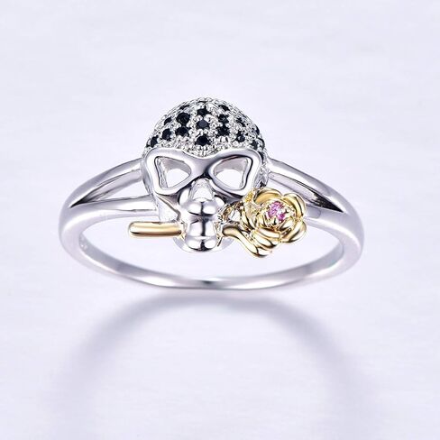 Black Gold Plated Women's Men's Antique Gothic Skull Ring Retro Oxidized Finished Round Cut Created Black Spinel Engagement Wedding Vintage Skeleton Bone Band for Mom Lover 9# in Saudi Arabia