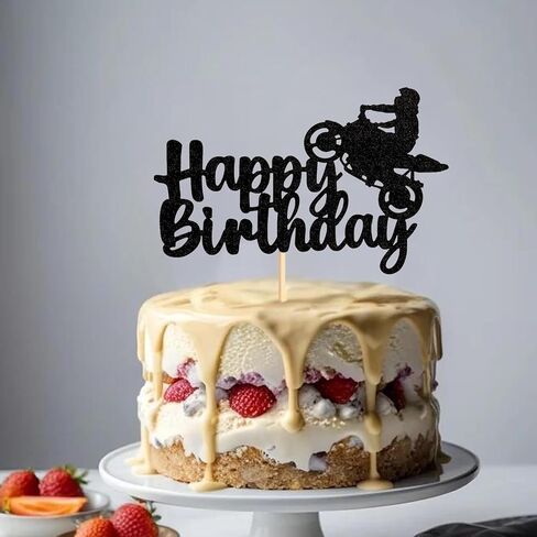 Motorcycle Happy Birthday Cake Topper Glitter Black Motorcycle Decorations for Motorcycle Racing Birthday Party Boy's& Man's Birthday Party in Saudi Arabia