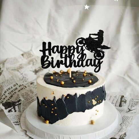 Motorcycle Happy Birthday Cake Topper Glitter Black Motorcycle Decorations for Motorcycle Racing Birthday Party Boy's& Man's Birthday Party in Saudi Arabia