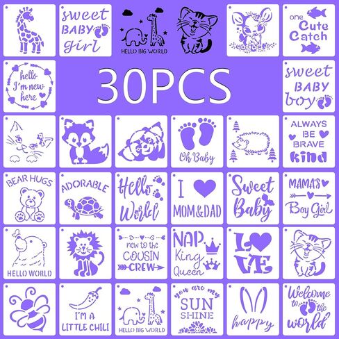 30 Pcs Baby Shower Stencils for Onesie Decorating Kit-Reusable 5 Inch Cute Phrase and Small Animal Kids Stencils for Painting on Boys Girls Bibs Shirt Bodysuit Baby Clothes in Saudi Arabia