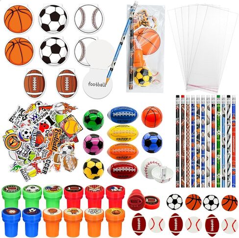 122 Pcs Sports Party Favors Bulk,Goodie Bags Stuffers,Sports Pencil Sharpener Erasers Sticky Note Stamps,Class Prize Game Team Pinata Treat Bags Gift,Ball Birthday Party Supplies for Boys in Saudi Arabia
