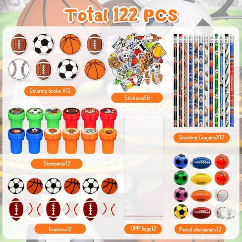 122 Pcs Sports Party Favors Bulk,Goodie Bags Stuffers,Sports Pencil Sharpener Erasers Sticky Note Stamps,Class Prize Game Team Pinata Treat Bags Gift,Ball Birthday Party Supplies for Boys in Saudi Arabia