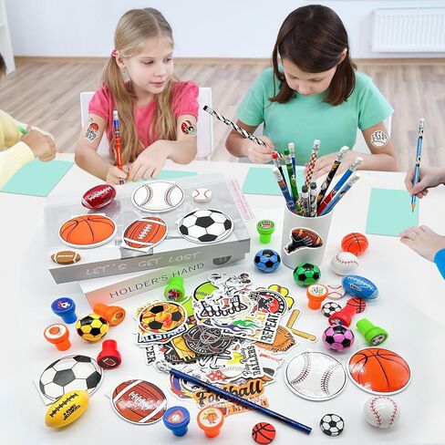122 Pcs Sports Party Favors Bulk,Goodie Bags Stuffers,Sports Pencil Sharpener Erasers Sticky Note Stamps,Class Prize Game Team Pinata Treat Bags Gift,Ball Birthday Party Supplies for Boys in Saudi Arabia