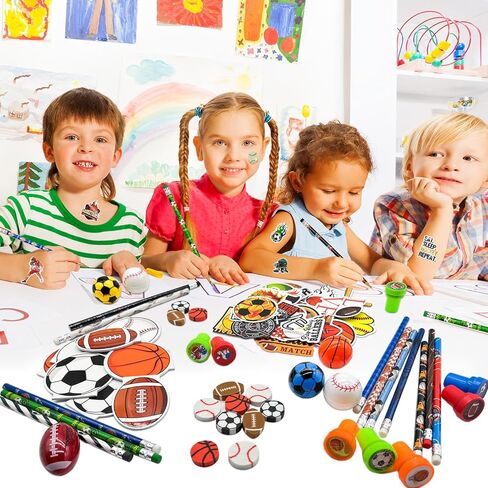 122 Pcs Sports Party Favors Bulk,Goodie Bags Stuffers,Sports Pencil Sharpener Erasers Sticky Note Stamps,Class Prize Game Team Pinata Treat Bags Gift,Ball Birthday Party Supplies for Boys in Saudi Arabia