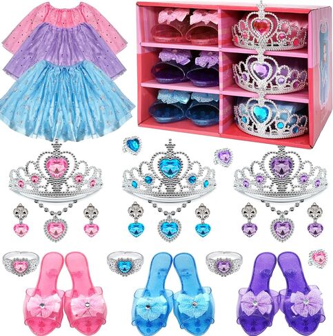 Princess Dress Up Shoes Jewelry Set, Toys for Girls Shoes Costumes Set incl Color Skirts, Shoes, Crowns, Earring, Bracelet, Ring, Kids Christmas Party Role Play Birthday Gifts for 3-6 Year Old Girl in Saudi Arabia