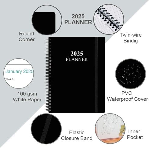 2025 Planner - Weekly & Monthly Planner from January 2025 - December 2025, Planner 2025 with Flexible Cover, Tabs, Inner Pocket, 6.4" x 8.5", Black in Saudi Arabia