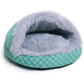 Cat Bed Hooded Plush Nest with Self-Warming Cozy Cave, Calming Anti-Anxiety Pet Bed for Indoor Cats & Small Dogs, Removable Washable Cover & Waterproof Bottom - Green