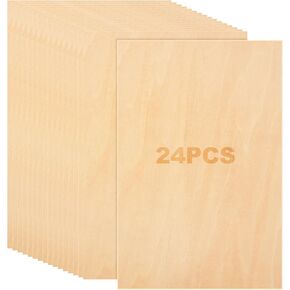 24 Pcs 3mm Basswood Sheets for Crafts, 8.6"x6"x1/8" Thin Plywood Sheets, Smooth Unfinished Wood Board for Craft, DIY Painting, Modelling, Fretwork Engraved, Home Decor