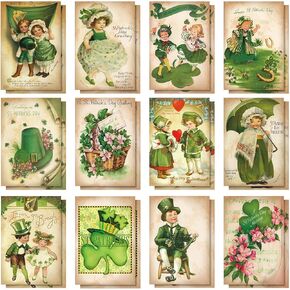 Yinder 24 Set St Patrick's Day Cards with Envelopes Vintage Green St Patrick's Day Shamrock Greeting Cards Retro Clover Irish Cards for Party Classroom Home Office Business (Cute Style)
