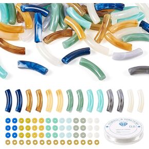 Craftdady 121Pcs Two Tone Acrylic Curved Tube Beads Making Kit, Colorful Glass Circle Coin Beads Flat Round Brass Rondelle Spacer Beads with Elastic Crystal Thread for DIY Bracelet Jewelry Making