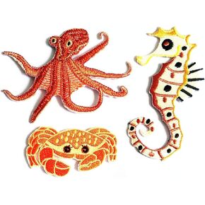 PARITA Set 3 Pcs. Cute Animal Squid Crab Seahorse Ocean Life Sea Embroidered Iron on Patch Cartoon Kids Character Applique Embroidery Jacket Polo T-Shirt Hat Bag Costume