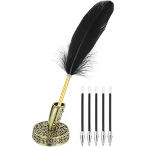 PATIKIL Black Feather Ballpoint Pens Bulk, Metal Holder Black Ink Vintage Quill Pens with 5 Pieces Refill for Office, Wedding Signature, Silver