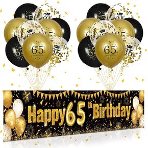 65th Birthday Decorations for Men Women Black and Gold, Black Gold Birthday Yard Banner Sign and 18 PCS 65th Happy Birthday Balloons for 65th Anniversary Birthday Party Supplies Outdoor Yard Decor