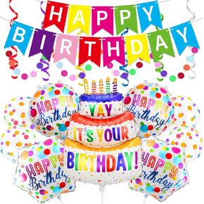 Happy Birthday Balloon Party Decoration 37" Aluminum Foil Mylar Helium Birthday Cake Shaped Round Pentagon Balloons Birthday Banner Hanging Swirls for Baby Shower Supplies