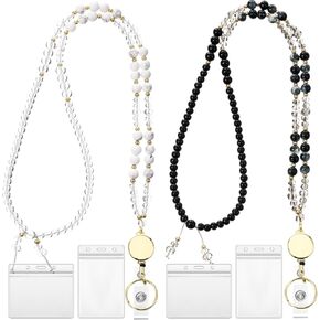 Tondiamo 2 Pcs Retractable Lanyards for ID Badges and Keys Women Natural Stone Beaded Lanyards for ID Badges Holder Teacher with 4 Waterproof Name Card Holder(Black,Pink)