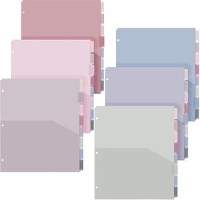 6 Sets 8-Tab Plastic Binder Dividers with Pockets, 3-Hole Punched, 9.75x11.5 Inches, Sturdy & Colorful Page Organizers for 3-Ring Binders, Office Use (Soft Color)