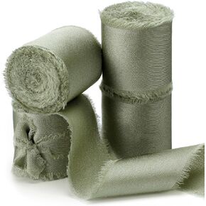 Eurzom 4 Rolls 22 Yards Wedding Frayed Fringe Silk Ribbons Sage Green Tulle Ribbon for Gift Wrapping DIY Crafts, 1-1/2 Inch Wide