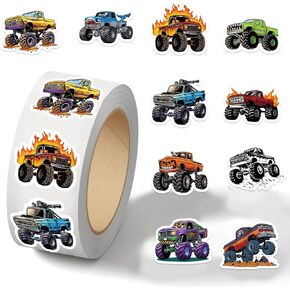 500PCS Monster Truck Stickers for Kids 10 Styles Sticker Rolls Cartoon Car Stickers Monster Truck Party Favors Waterproof Vinyl Stickers(500 Per Roll)