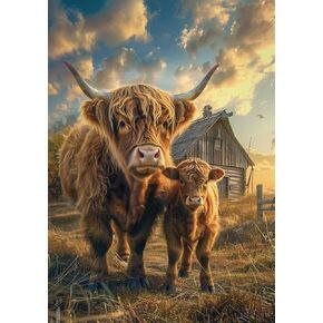 5D Diamond Painting Kits Animal Highland Cattle with Baby Cow Full Drill Round Beads Diamond Art Gems Stone Cross Stitch DIY Diamond Painting by Number Kits Wall Decoration 16x20inch, Clear